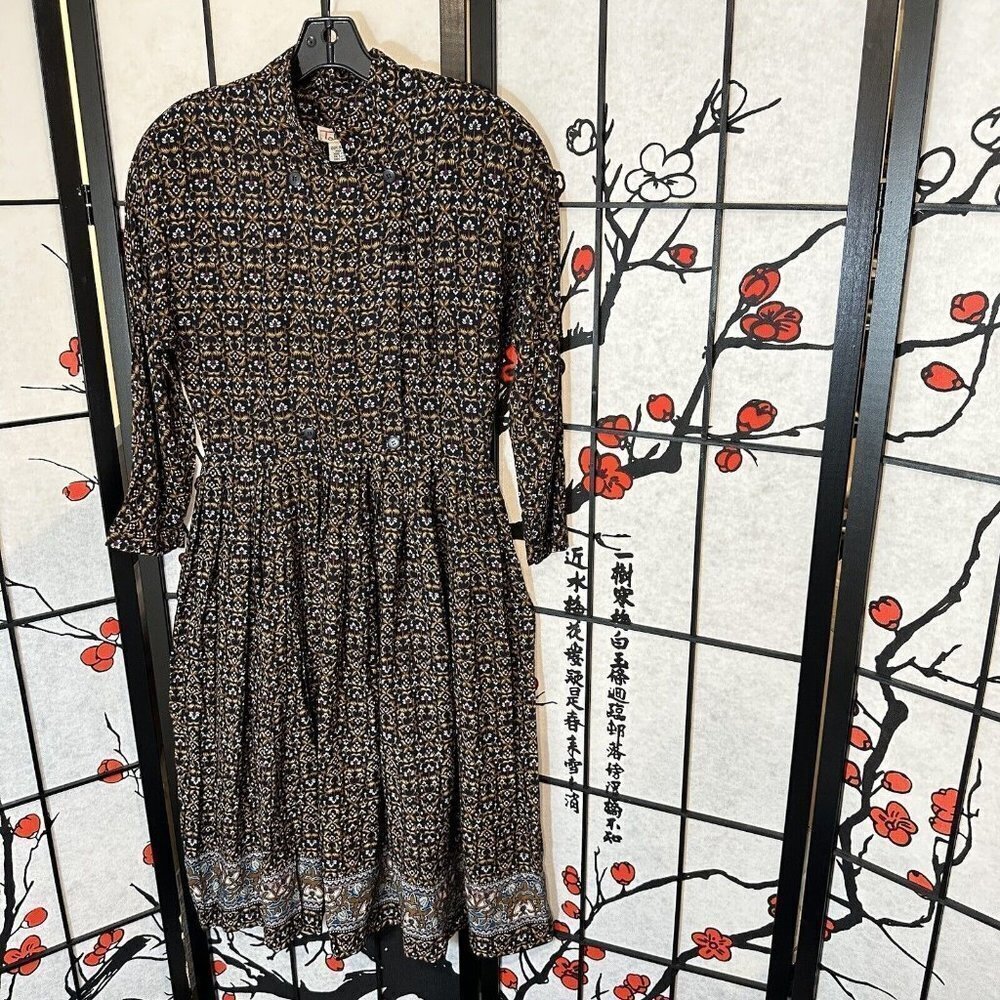 Talbots Vintage 80s Midi Dress Size 8 Brown Floral Pleated 3/4 Sleeves High Neck